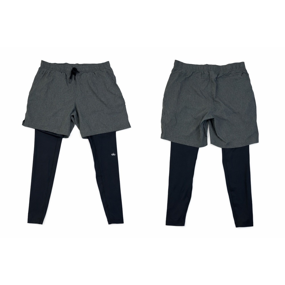 ALO Men's 2XL Yoga Stability 2-in-1 Tights Shorts Gray Black Zip Pocket Made USA